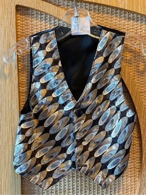 Kids Sears Black Satin Vest with Gold and Light Blue Oval Pattern